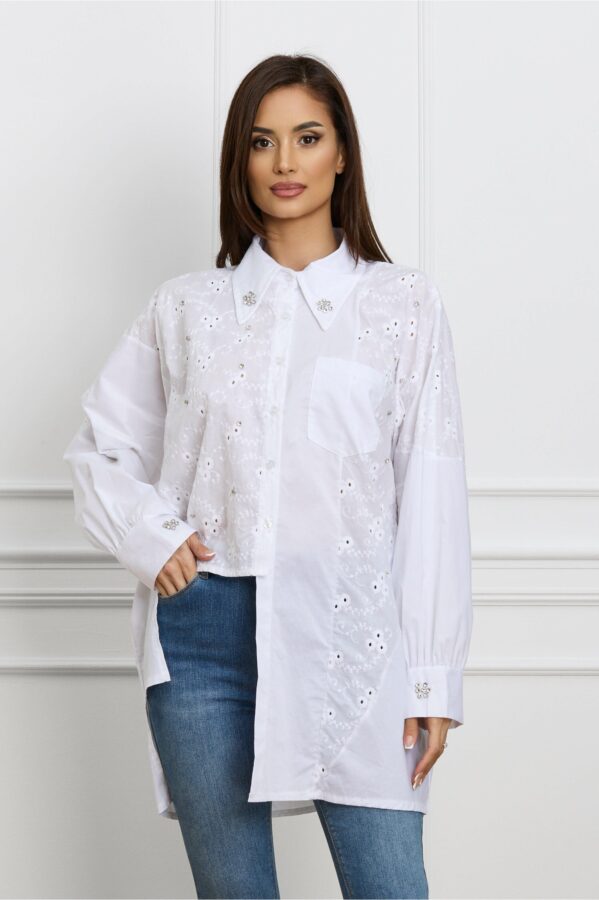 Camasa Claudia alba din ghipura cu lungime asimetrica