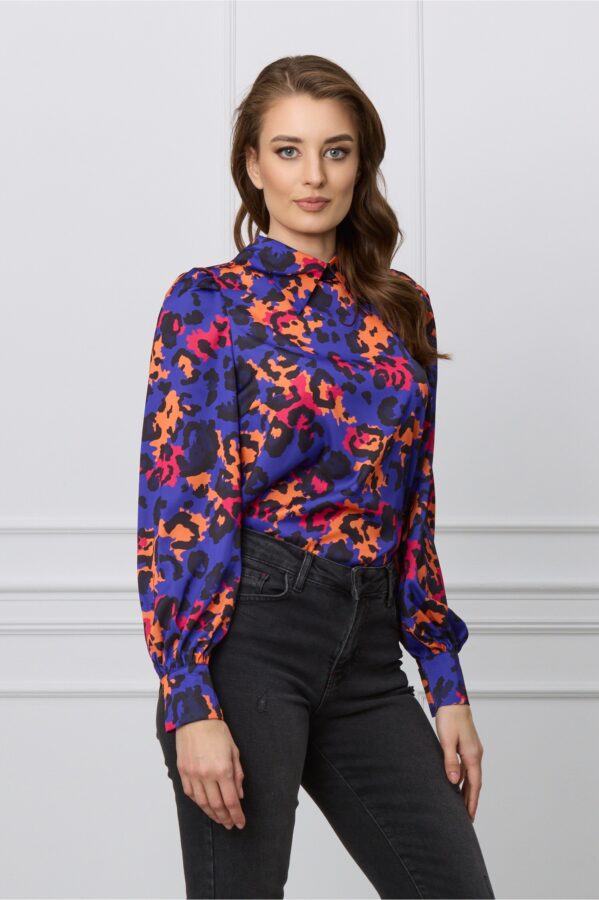 Camasa Dy Fashion mov cu animal print orange din voal satinat