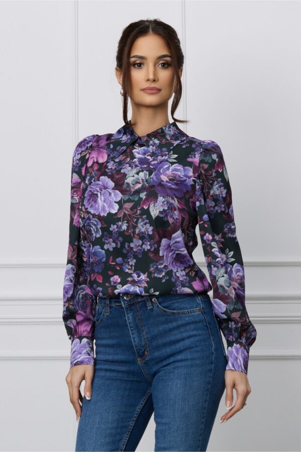 Camasa Dy Fashion neagra cu imprimeu floral mov din voal satinat