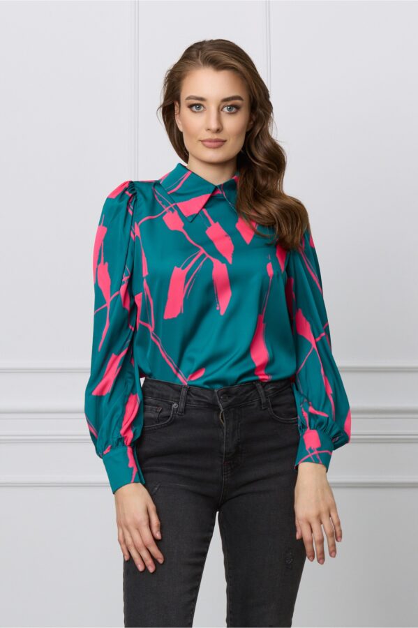 Camasa Dy Fashion verde cu imprimeu fucsia din voal satinat