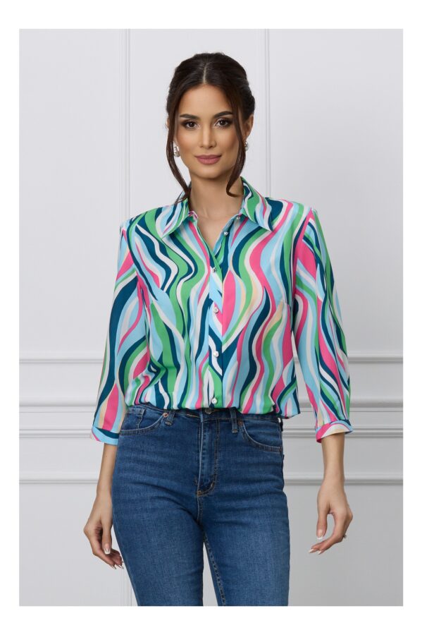 Camasa Mihaela bleu cu imprimeu verde si fucsia
