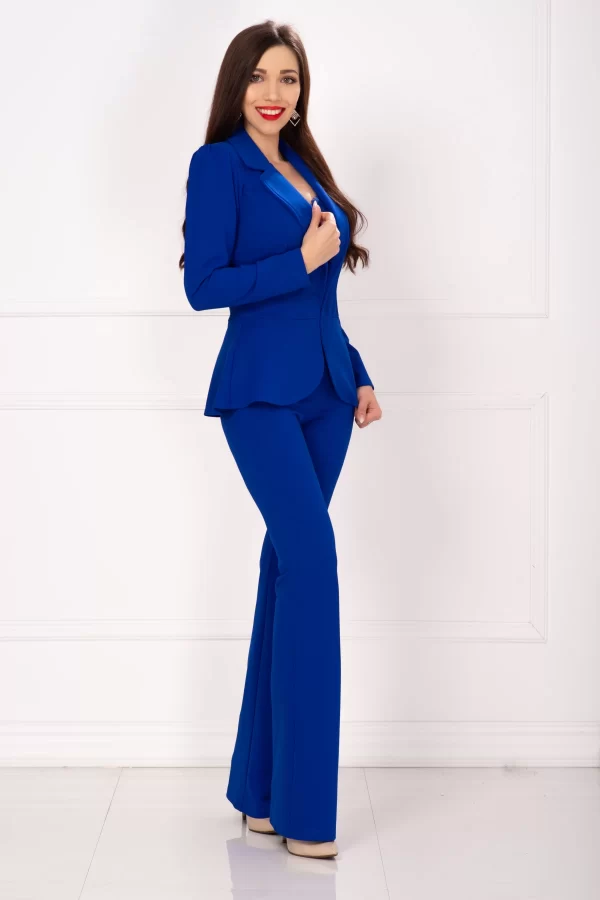 Compleu office elegant albastru royal cu pantaloni evazati