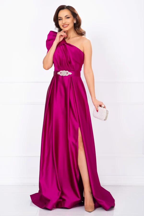 Rochie de nasa din tafta fuchsia lunga cu fronseuri