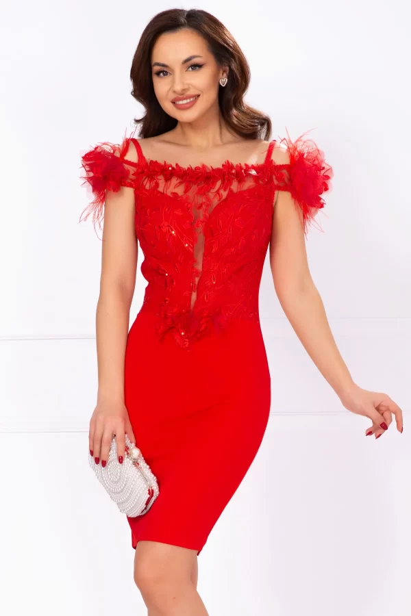 Rochie de ocazie Azaleea cambrata rosie cu broderie pretioasa si fulgi