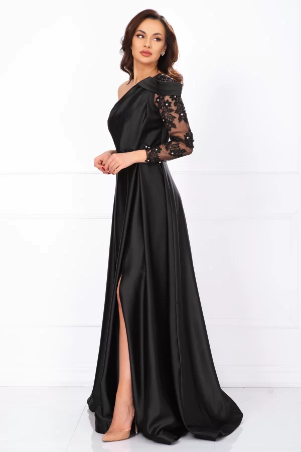 Rochie de seara neagra Lavinia din tafta cu fronseuri si maneca brodata