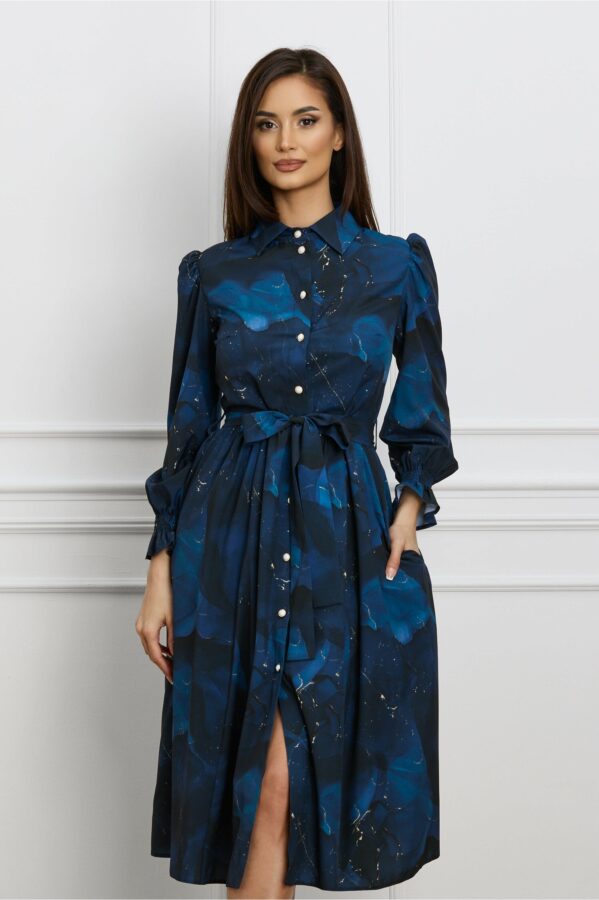 Rochie Dy Fashion bleumarin cu imprimeu si cordon in talie