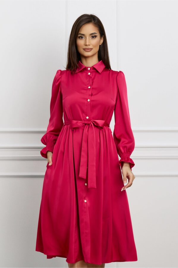 Rochie Dy Fashion fucsia din satin cu nasturi si cordon in talie
