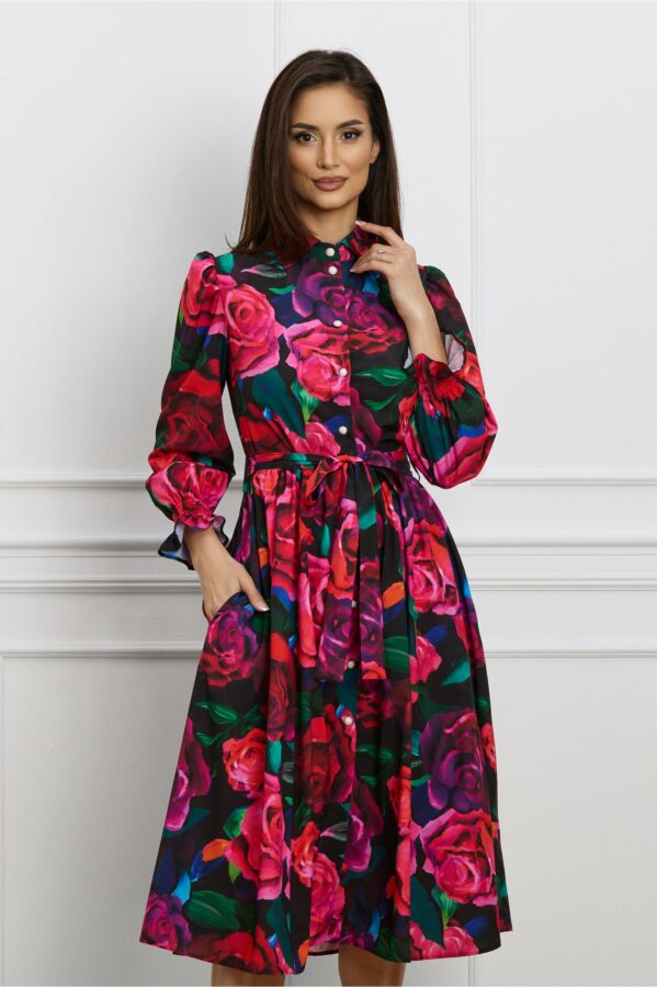 Rochie Dy Fashion neagra cu flori fucsia si cordon in talie