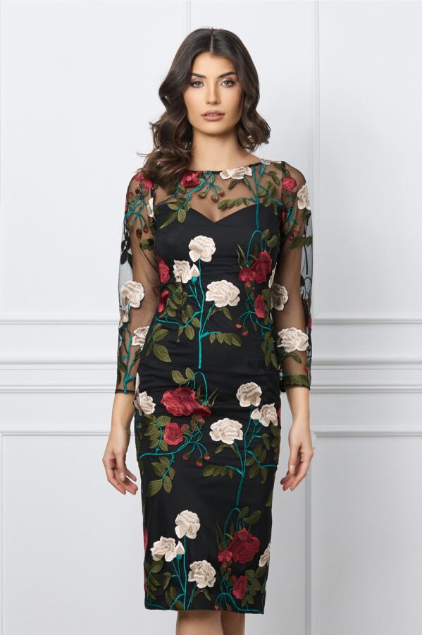 Rochie Dy Fashion neagra din dantela cu flori