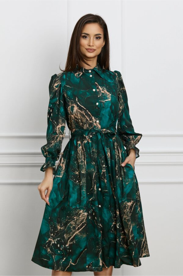 Rochie Dy Fashion verde cu imprimeu si cordon in talie