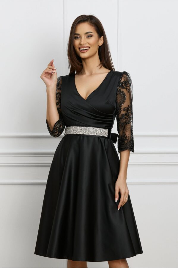 Rochie Ella Collection Adria neagra cu dantela si paiete si cordon in talie