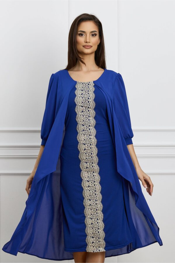 Rochie Ella Collection Genoveva albastra cu broderie si capa din voal