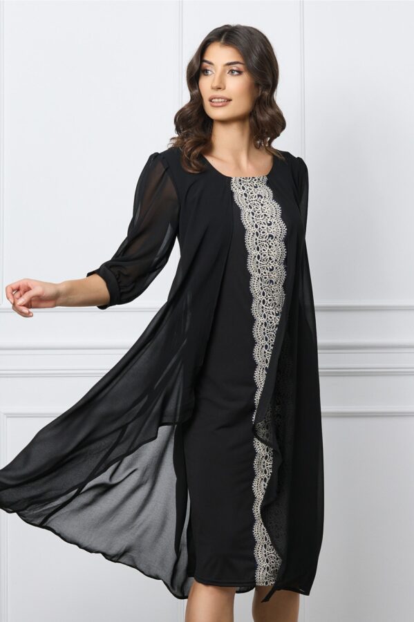 Rochie Ella Collection Genoveva neagra cu broderie si capa din voal