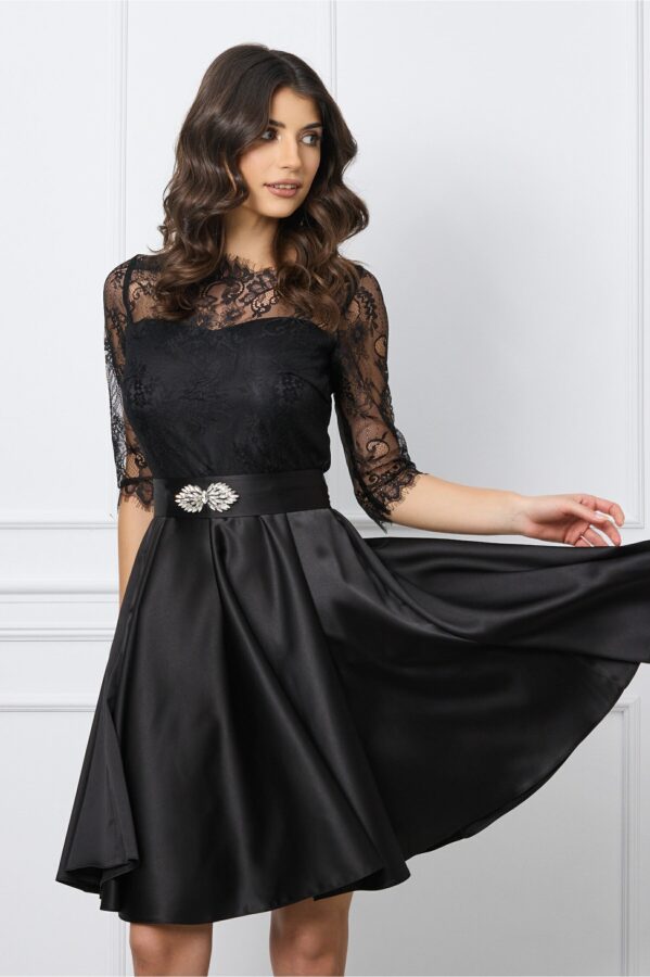 Rochie Ella Collection Mimi neagra cu dantela la bust si cordon in talie