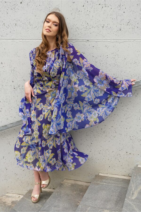 Rochie Leonard Collection albastra cu imprimeu floral verde