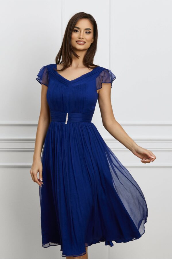 Rochie Leonard Collection albastra din matase cu aplicatie in talie