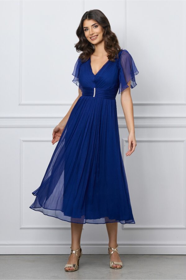 Rochie Leonard Collection albastra din matase cu strasuri in talie