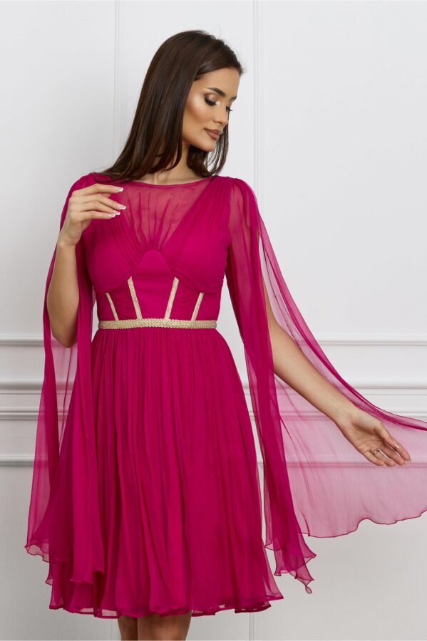 Rochie Leonard Collection fucsia din matase cu broderie aurie pe bust