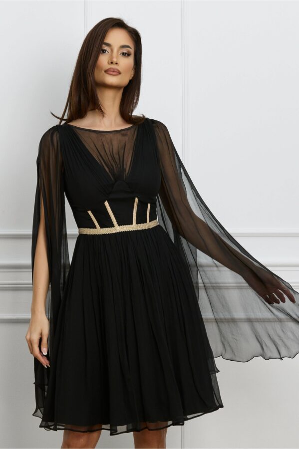 Rochie Leonard Collection neagra din matase cu broderie aurie pe bust