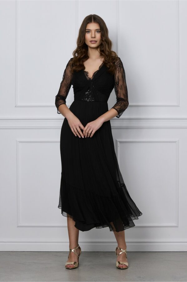Rochie Leonard Collection neagra din matase naturala cu maneci din dantela