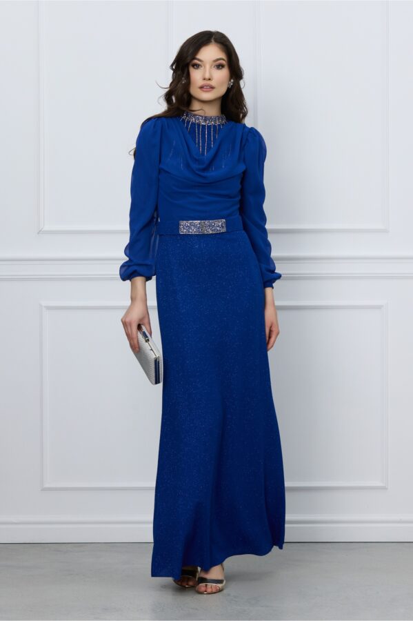 Rochie Andrada lunga albastra cu accesoriu tip colier si curea in talie