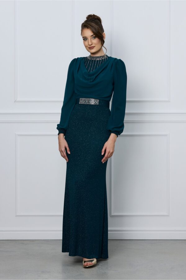 Rochie Andrada lunga verde cu accesoriu tip colier si curea in talie
