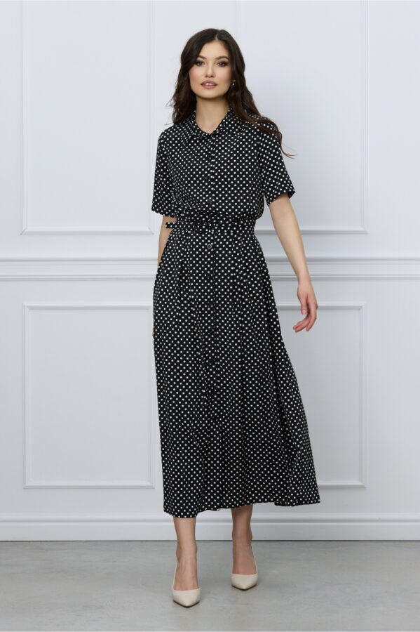 Rochie Bia neagra cu buline albe si curea in talie