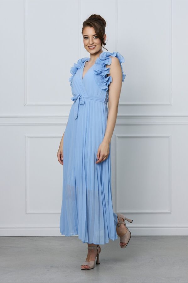 Rochie Cami bleu cu fusta plisata si cordon in talie
