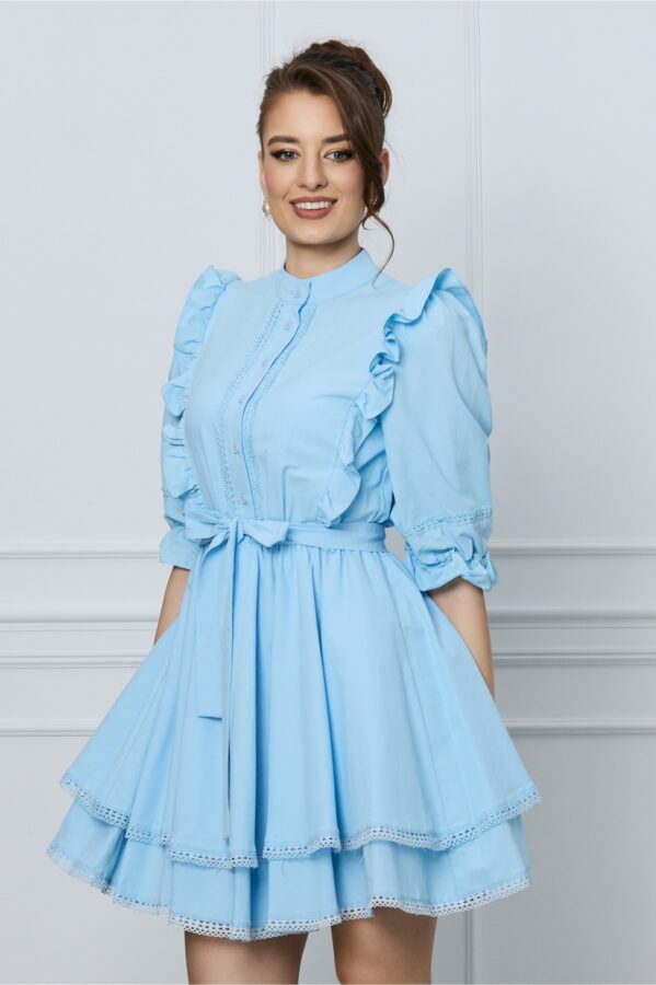 Rochie Cassy bleu cu volanase si cordon in talie