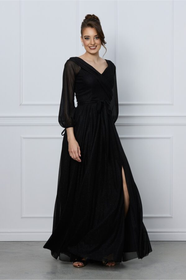 Rochie Cristina neagra lunga cu maneci lungi si glitter