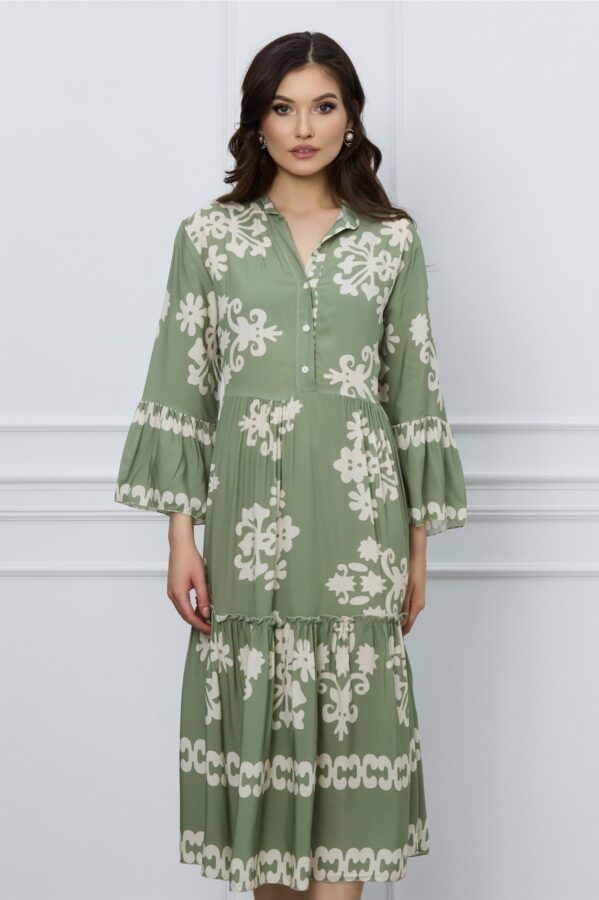 Rochie Dany verde fistic cu flori ivory