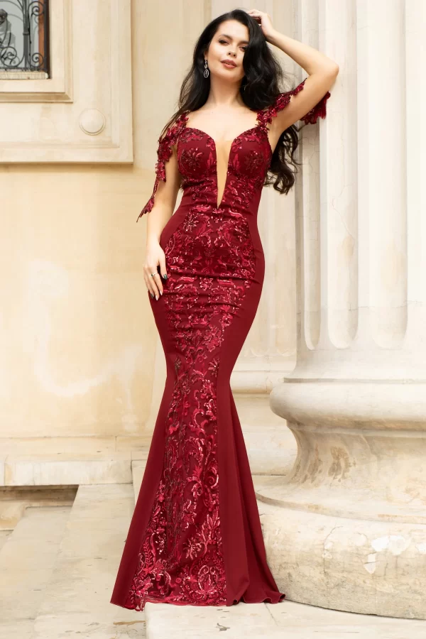Rochie de seara pretioasa bordo cu insertii paietate