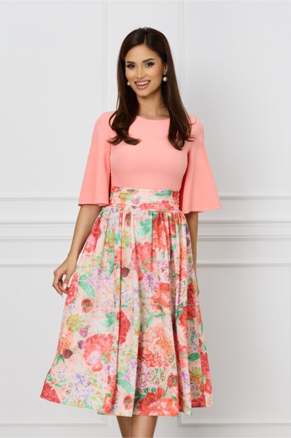 Rochie Dy Fashion cu bust somon si fusta cu imprimeu floral