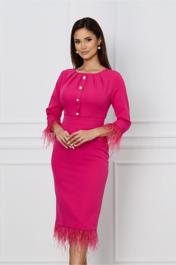 Rochie Dy Fashion fucsia cu pene la maneci si la baza