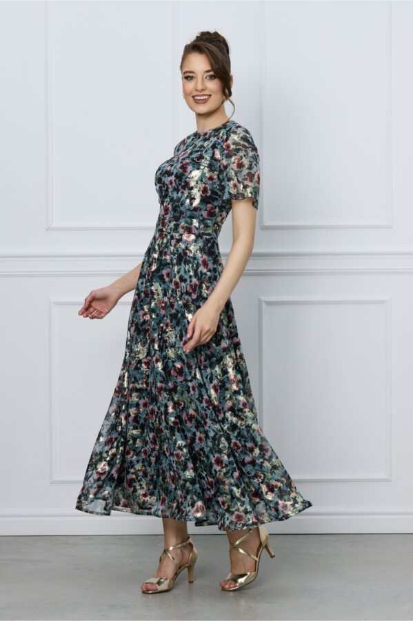 Rochie DY Fashion gri petrol cu imprimeuri florale si fir lurex