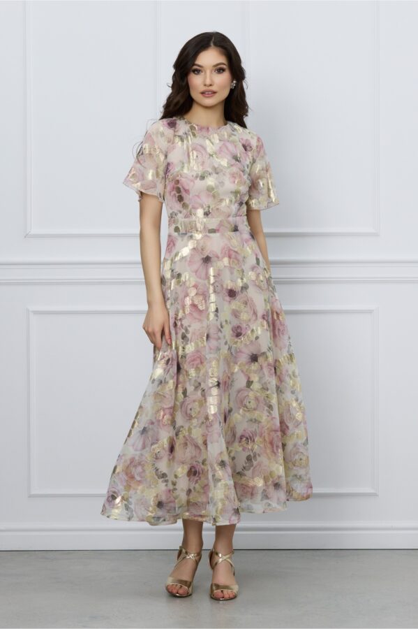 Rochie DY Fashion ivory cu imprimeuri floraler oz si fir lurex