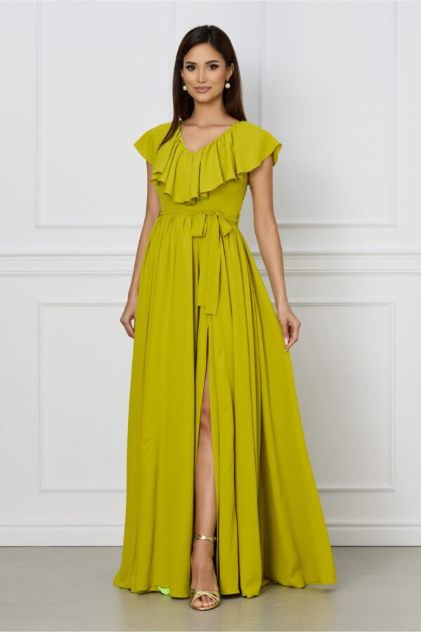 Rochie Dy Fashion lime lunga cu volan la bust si cordon in talie