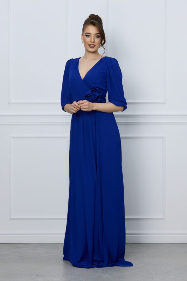 Rochie DY Fashion lunga albastra cu floare in talie
