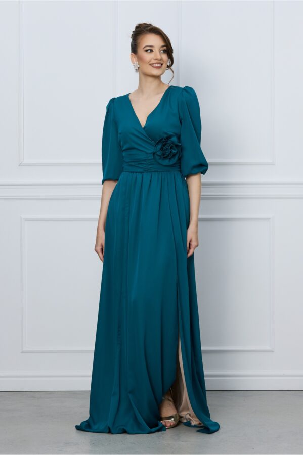 Rochie DY Fashion lunga turcoaz cu floare in talie