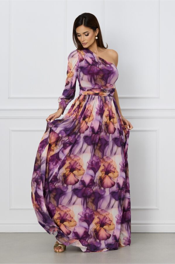 Rochie Dy Fashion mov cu imprimeuri si un umar gol