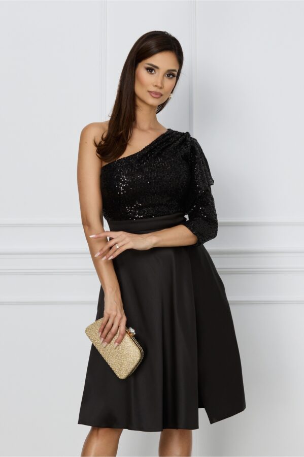 Rochie Dy Fashion neagra cu paiete la bust si fusta din tafta