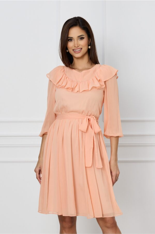 Rochie Dy Fashion peach cu volanas la bust si cordon in talie