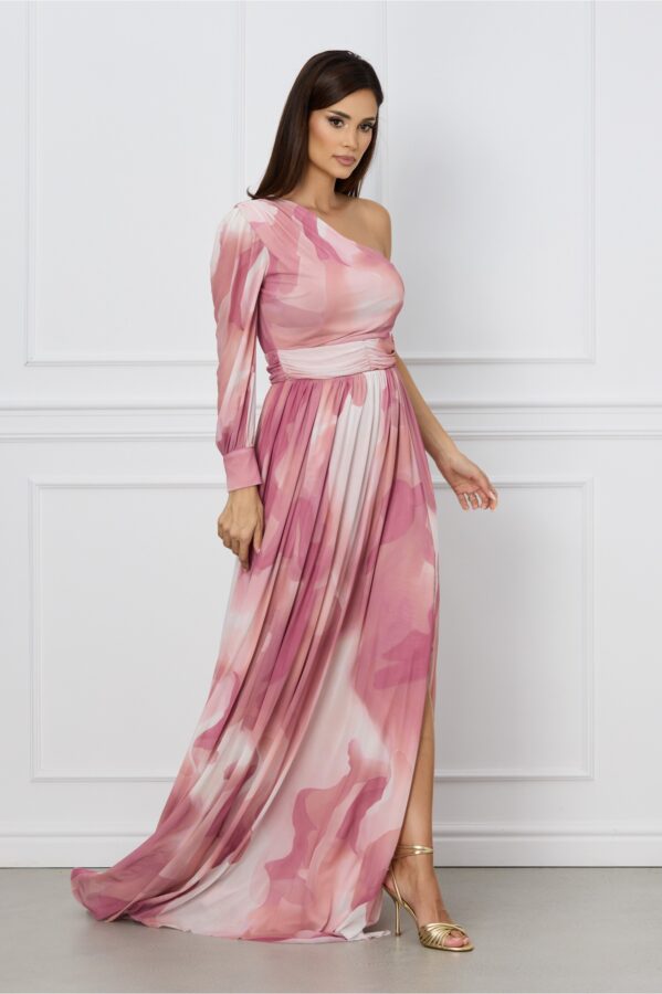 Rochie Dy Fashion roz cu imprimeu watercolor si un umar gol