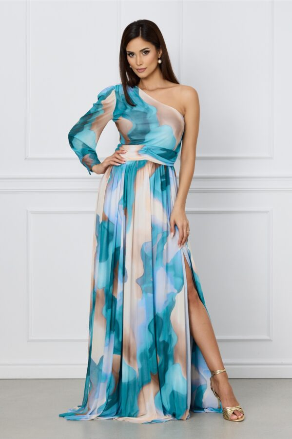 Rochie Dy Fashion turcoaz cu imprimeu watercolor si un umar gol