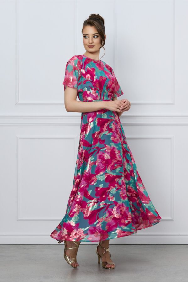 Rochie DY Fashion turcoaz cu imprimeuri florale fucsia si fir lurex