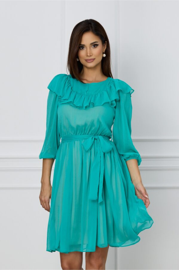Rochie Dy Fashion turcoaz cu volanas la bust si cordon in talie