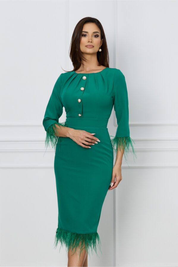 Rochie Dy Fashion verde cu pene la maneci si la baza