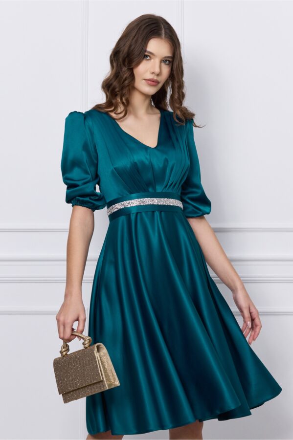 Rochie Ella Collection Aria verde petrol cu cordon in talie