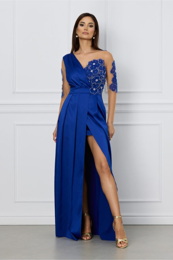 Rochie Ella Collection Ariana albastra lunga cu broderie florala