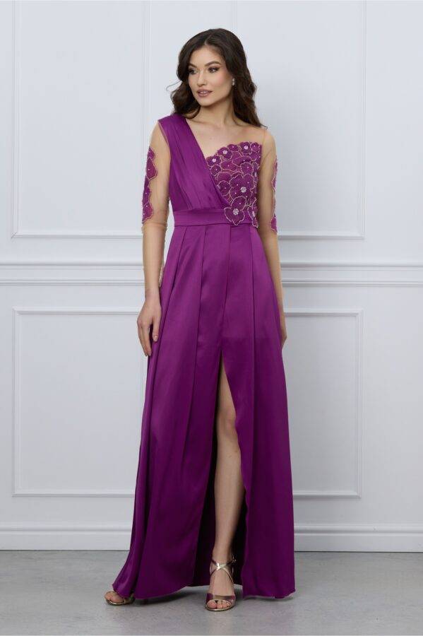 Rochie Ella Collection Ariana mov lunga cu broderie florala